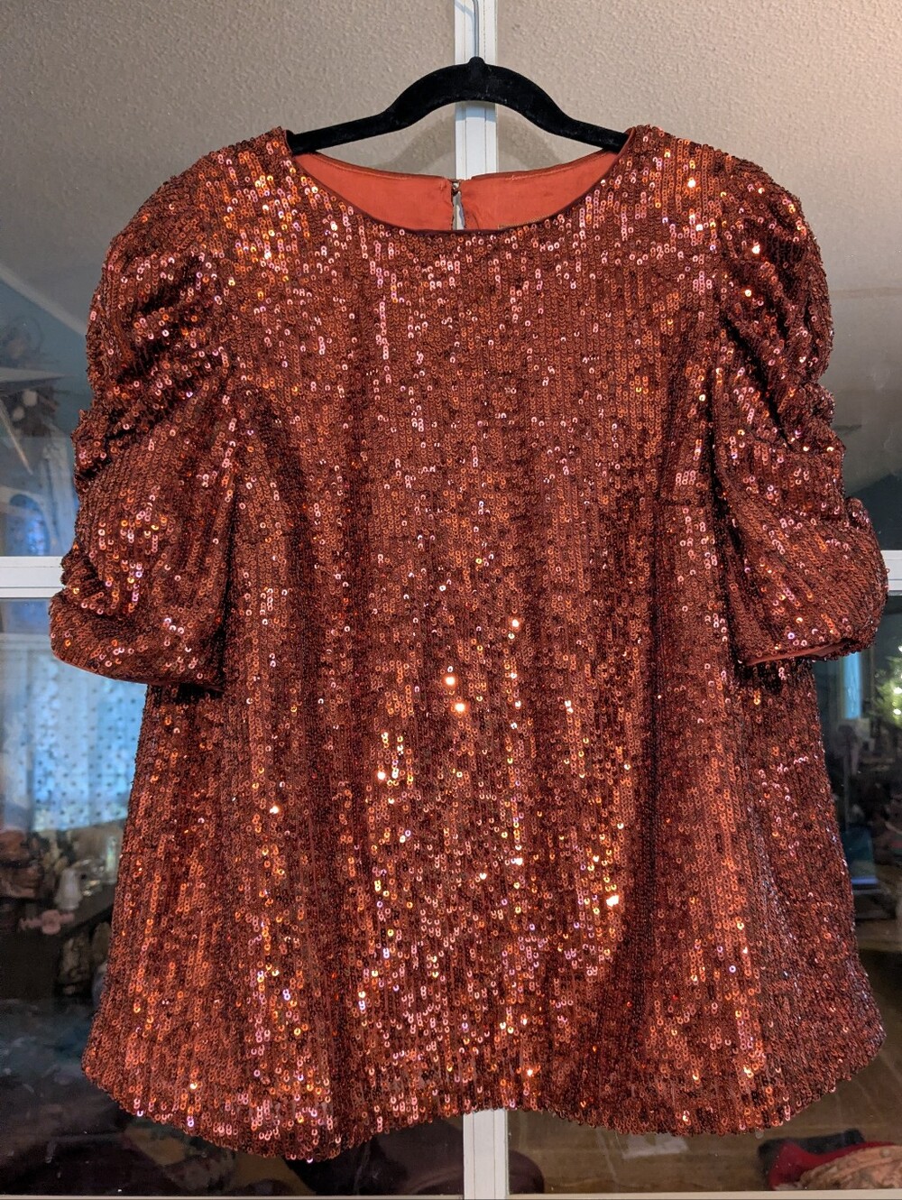 Anthropologie Marie Sequined Copper Orange Blouse With Puff Sleeves Size 0